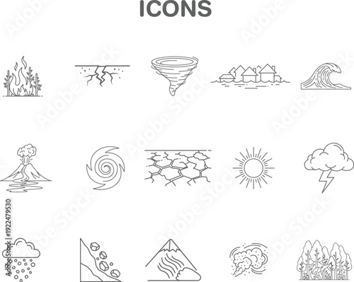 Vector line art icon set illustrating a wide range of natural disasters, severe weather conditions, and environmental phenomena, Editable stroke. Vector illustration