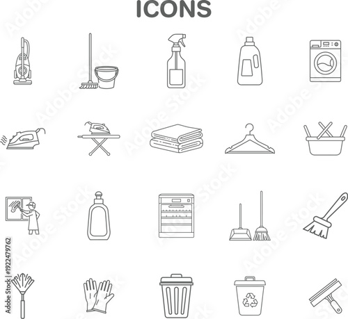 Collection of line art vector icons for household cleaning tools, domestic chores, and sanitation activities, Editable stroke. Vector illustration