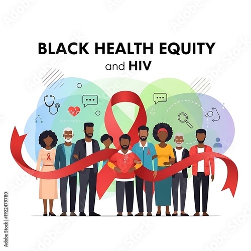 Diverse group supporting health equity and hiv awareness with ribbon symbol
