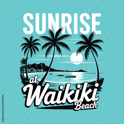 Sunrise at Waikiki beach illustration with palm trees and ocean view