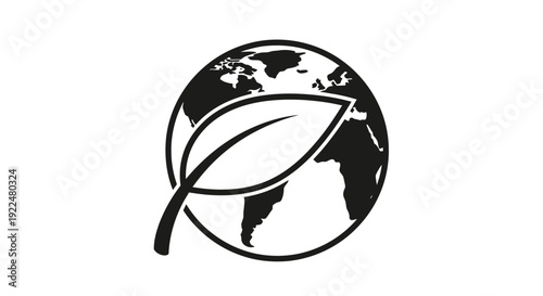 Black and white illustration of Earth with a leaf.