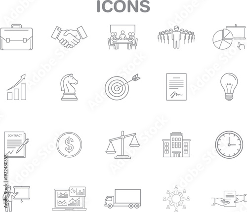 Modern line art icon set depicting essential business, finance, legal, and corporate strategy concepts, ideal for professional design projects requiring Editable stroke. Vector illustration