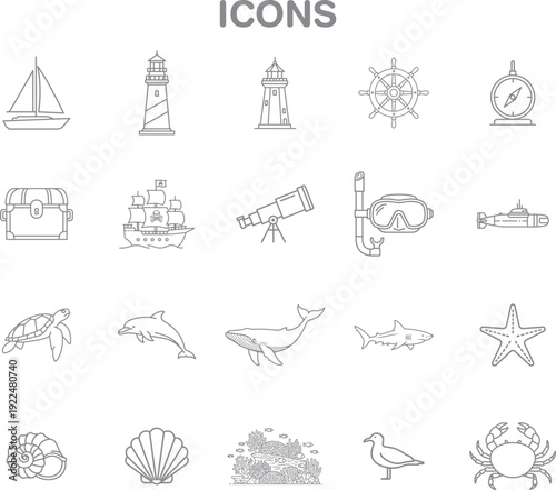Diverse Collection of Marine and Nautical Outline Icons for Ocean Travel, Sea Adventure, Editable stroke. Vector illustration