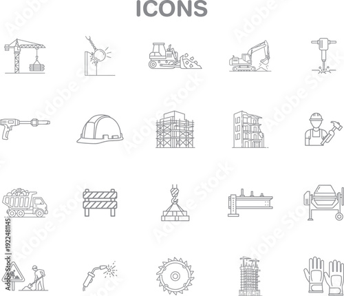 Collection of outline vector icons representing construction industry elements, heavy machinery, worker tools, and building processes, and more. Editable stroke. Vector illustration.