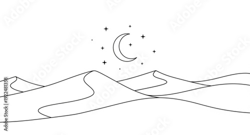 Minimalist desert landscape with moon and stars, linear vector design.