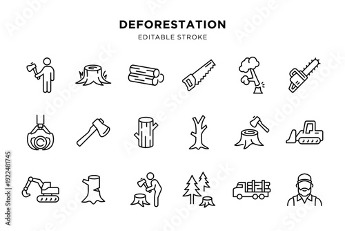 Deforestation line icons set with logging and cutting tools