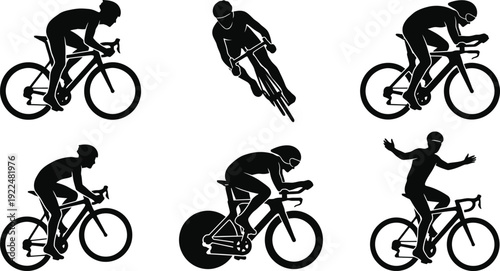 Dynamic silhouettes of cyclists riding bikes in various racing and recreational poses for athletic design