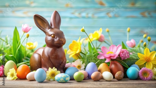 Chocolate Bunny with colorful Easter eggs and spring flowers