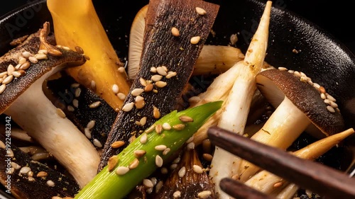 Wallpaper Mural Appetizing pan fried assorted mushrooms with toasted sesame seeds and fresh green onion, close up. Torontodigital.ca