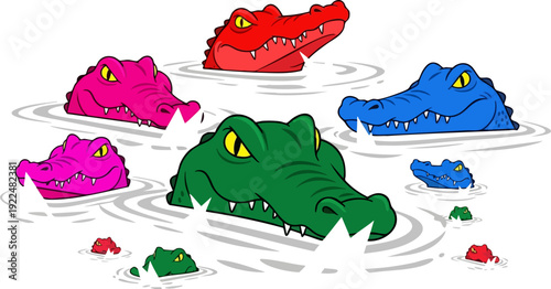 Colorful cartoon alligator and crocodile heads in water vector collection. Includes red, pink, green, and blue alligators and crocodiles of various sizes. Created in a flat cartoon style with a