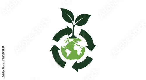 Green Earth recycling symbol with leaves and globe.