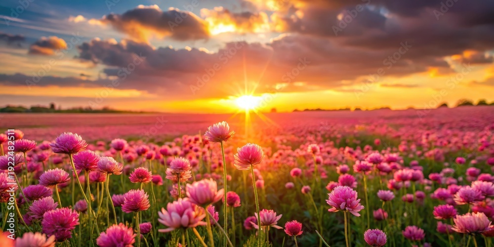 Fototapeta premium Sunset over a field of pink flowers