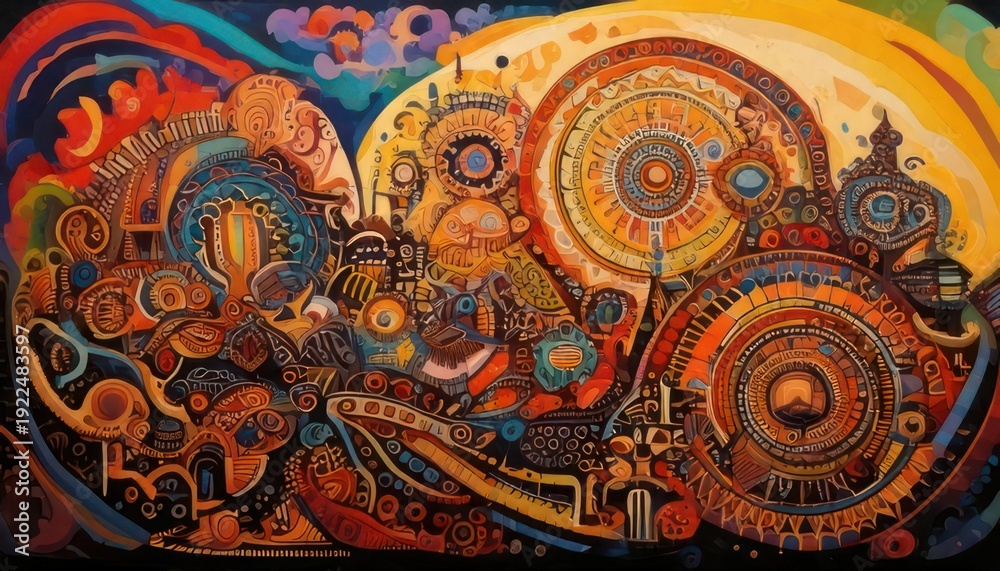 Obraz premium Intricate Abstract Painting with Gears, Circles, and Vibrant Colors.