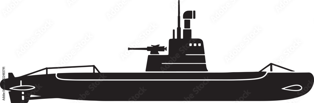 Fototapeta premium Black Submarine Silhouette on White Background, Isolated Naval Vessel Illustration