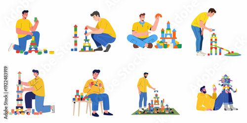Creative men constructing various structures with colorful wooden blocks, illustrating focus, imagination, and recreational activity.