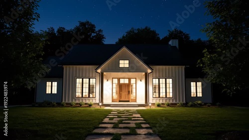 Wallpaper Mural Illuminated modern farmhouse exterior at night with stone pathway, concept for real estate promotion, architecture design and home security solutions Torontodigital.ca