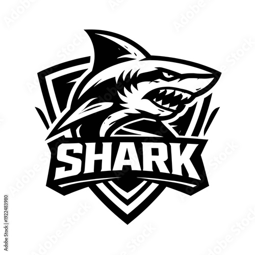 Fierce aggressive great white shark head mascot logo emblem design, perfect for esports teams, sports clubs, gaming communities, or powerful brand identities. Dynamic black and white illustration symb
