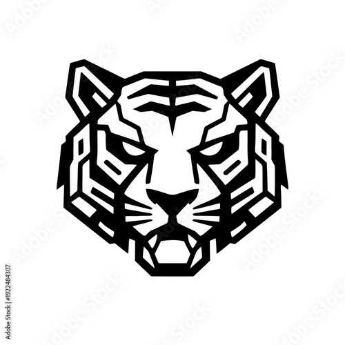 Striking geometric tiger head logo, a fierce and powerful abstract black and white vector art design, ideal for modern branding, sports mascots, gaming emblems, or bold graphic prints and apparel. Fea
