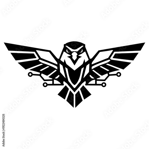 Sleek geometric cyber hawk logo, black and white, with outstretched wings depicting circuit board tech patterns. Perfect for AI, cybersecurity, IT, data analytics, software, and digital innovation. Vi