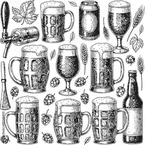 Beer Assortment with Hops and Grains Vintage Engraving Style