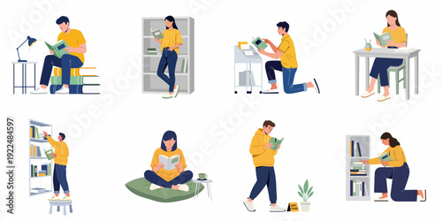 Diverse individuals engaged in reading books across various settings, highlighting learning, leisure, and the pursuit of knowledge in modern environments.