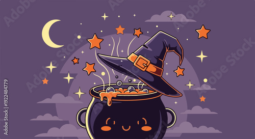 Adorable Halloween celebration illustration featuring cute witch hat on bubbling cauldron. Halloween celebration includes smiling pot emitting magical steam, surrounded by glowing stars,