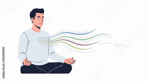 Man engaged in deep meditation practice, sitting in lotus pose with closed eyes. Calm mind and focused breathing, colorful energy lines emanating from chest illustrate spiritual process.