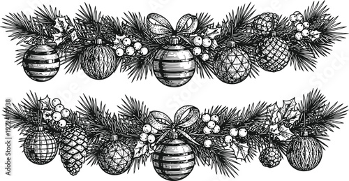 Christmas Garland Border Ornaments Pinecones Holly Berries Hand Drawn