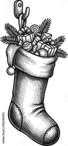 Christmas Stocking Filled With Gifts and Treats Hanging on Hook