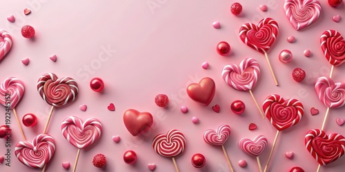Soft pink pastel background with scattered red lollipop hearts in various sizes and shapes