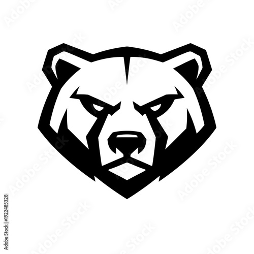 Fierce black and white bear head logo, perfect for sports teams, esports, and powerful branding. Stylized grizzly mascot emblem depicting strength, aggression, and wild spirit. A bold vector icon for