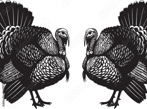 Two Wild Turkeys Standing Isolated on White Background, Black and White Illustration