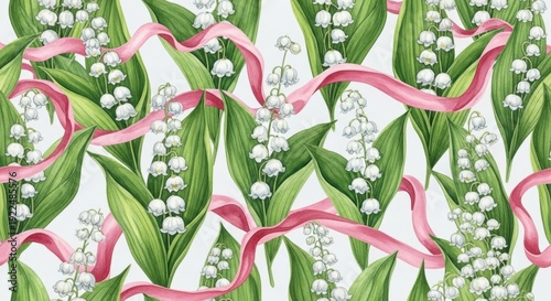 Lily of the Valley Floral Pattern with Pink Ribbon.