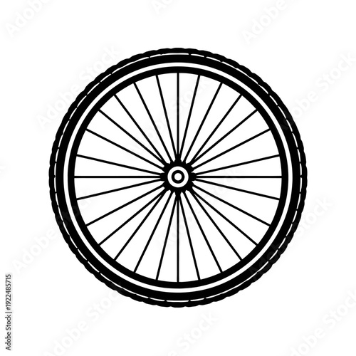 Black and white vector illustration of a bicycle wheel, showing tire, rim, spokes, and hub. Ideal for cycling, sports, and transportation themes, perfect for logos, apps, web, and print media needs.