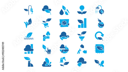 Blue environmental protection icon set including climate change, recycling, green energy, eco awareness, and conservation symbols.