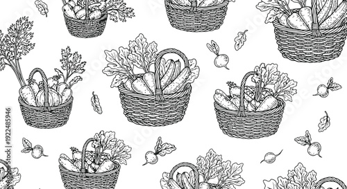 Hand Drawn Vegetable Harvest Baskets Pattern