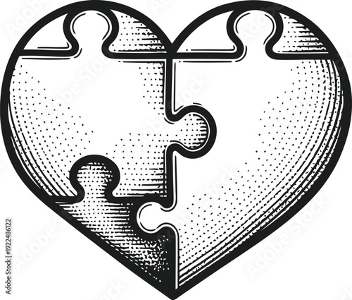 Heart Puzzle Pieces Connected Together Love Concept Black and White Line Art