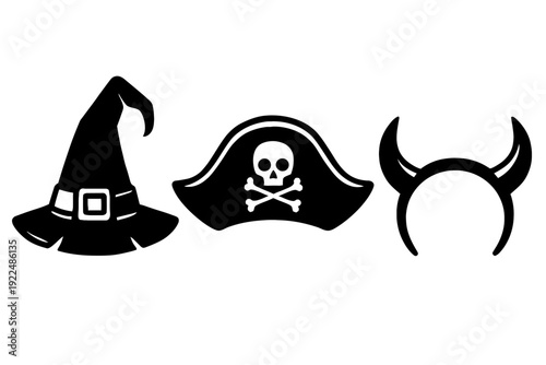 Iconic Costume Headwear: Black vector set featuring a classic witch hat, a pirate hat with skull & crossbones, and devil horns headband. Perfect for Halloween, themed parties, cosplay, digital designs