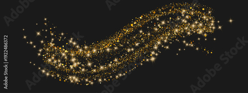 Gold glitter wave on black background. Curved flow of shimmering dust particles with star flares. Bright sparkle trail. Luxury banner, festive card, cosmetic poster, magic backdrop. Vector.