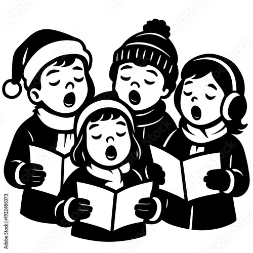 Classic black and white illustration of four joyful children, dressed in cozy winter hats, scarves, and earmuffs, harmoniously singing festive holiday carols from open songbooks, evoking a heartwarmin