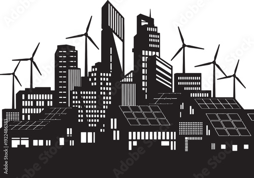 Sustainable Cityscape with Wind Turbines and Solar Panels Vector Illustration