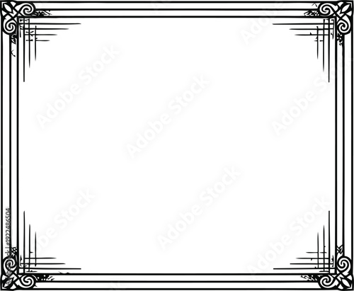 Ornate Black Border with Swirl Corners on White Background Stock