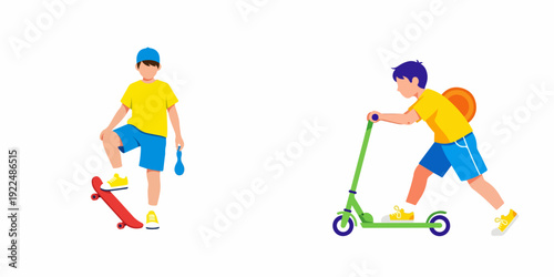 Young boys enjoying outdoor activities with skateboard and scooter. Kids playing and having fun on wheels, illustrating childhood recreation and active lifestyle.