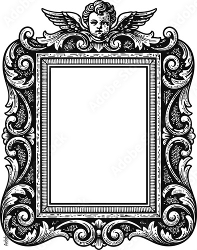 Ornate Black Victorian Frame with Cherub Motif Vintage Design