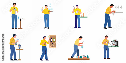 Bartender and Waiter Daily Tasks Illustration Set: Serving Drinks, Cleaning Glasses, Making Coffee, and Preparing for Service.