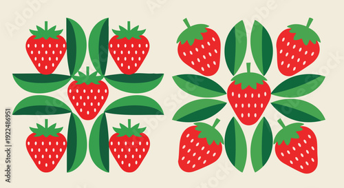 Strawberry and leaf vector pattern collection. Includes two distinct square patterns featuring red strawberries and green leaves. Created in a flat, geometric style with a red, green