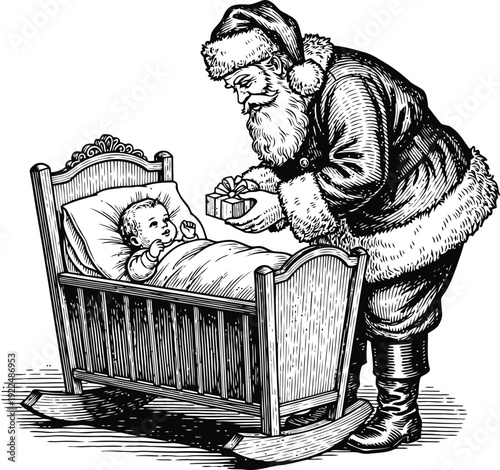 Santa Claus Giving Gift to Baby in Cradle Vintage Illustration