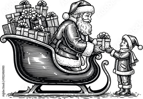 Santa Claus Giving Gift to Child from Sleigh Vintage Illustration