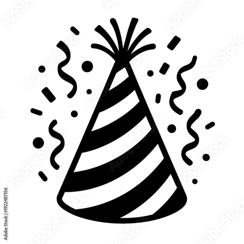 Festive Black and White Party Hat Icon with Exploding Confetti – Perfect Vector Graphic for Birthdays, Celebrations, New Year's Eve, Anniversaries, and Joyful Event Invitations or Decorations. Minimal