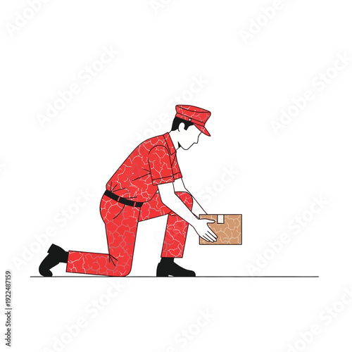 Delivery man in red uniform carrying a package, kneeling down